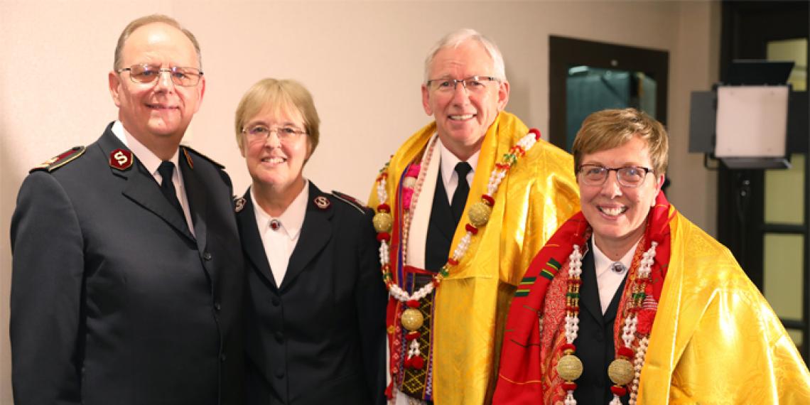 Salvation Army IHQ General André Cox and Commissioner Silvia Cox with General-elect Commissioner Brian Peddle and Commissioner Rosalie Peddle